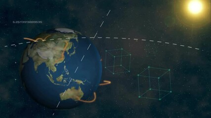 Poster - Earth's rotation and orbit animation over space with geometric shapes and data