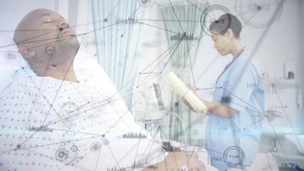 Sticker - Medical data network animation over patient in hospital bed and nurse reading chart