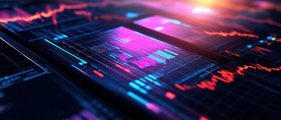 Poster - Vibrant digital interface showcasing graphs and data analysis, ideal for technology and finance concepts.