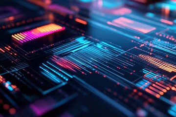 Poster - Vibrant digital abstract background with colorful lines and glowing elements, perfect for technology and data visualizations.