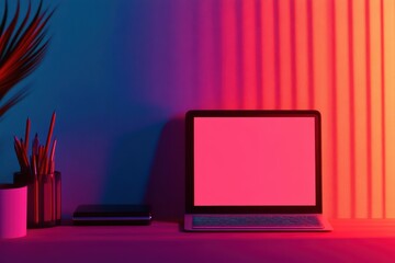 Poster - Vibrant workspace scene with a laptop, plant, and colorful lighting creating a modern and stylish desk environment.