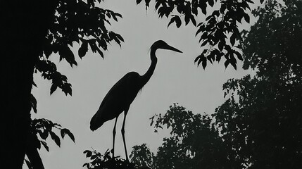 Poster -   A monochrome image of a bird perched on a tree branch, surrounded by foliage and a gray backdrop