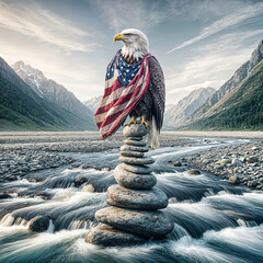 A bald eagle draped in an American flag is perched on top of a stone cairn in the middle of a flowing river surrounded by mountains