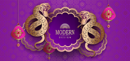 Wall Mural - Happy Chinese New Year, purple card with snakes and round frame.
