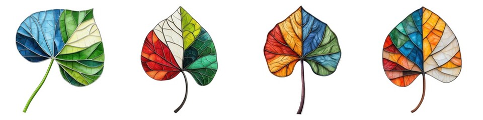 A collection of vibrant, colorful leaves showcasing intricate patterns and textures in a unique artistic style.