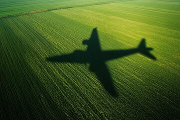 Wall Mural - Shadow of flying passenger plane on green field