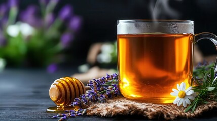 Chamomile tea with lavender and honey on a rustic table, Chamomile tea, aromatic and sweet