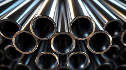  A detailed close-up shot of a stack of shiny stainless steel pipes arranged in a pattern.