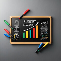 3d Flat icon as Blackboard with Budget Analysis and Markers concept as A blackboard covered with budget analysis and markers set against a dreamy background offering ample space for text or graphics s