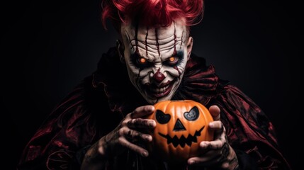 Portrait of a scary clown holding a pumpkin on a black background. Halloween. Scary Evil Demon Clown. Horror movie. Halloween concept with copy space. 