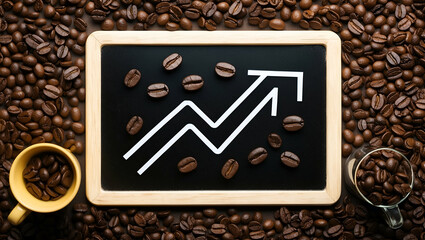 3d Flat icon as Blackboard with Coffee Beans and Growth Chart concept as A blackboard featuring coffee beans and a growth chart set against a whimsical background offering ample space for text or grap