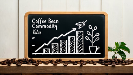 3d Flat icon as Blackboard with Coffee Beans and Growth Chart concept as A blackboard featuring coffee beans and a growth chart set against a whimsical background offering ample space for text or grap