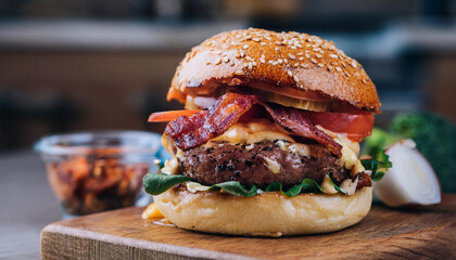 Wall Mural - Delicious homemade beef burger with bacon and vegetables on wood serving board. Tasty food.