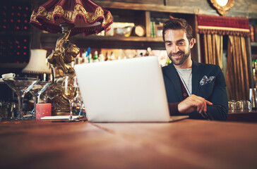 Poster - Bar, business and man with laptop, smile and connection with research, trading and stress relief. Restaurant, entrepreneur and employee with computer, professional and internet with website info