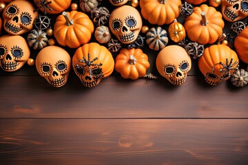 Happy Halloween, flat lay mockup with pumpkins, spiders and skulls on orange background. Autumn holiday concept