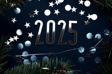Wall Mural - new year 2025 blue background. number of the coming year in christmas decoration.