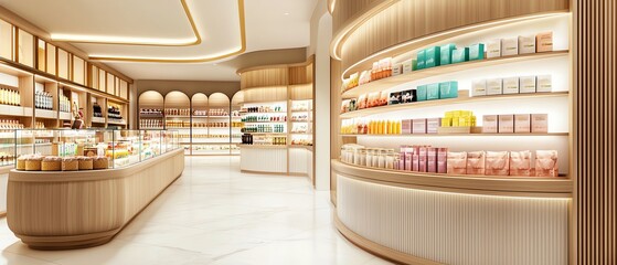 Modern beauty store interior featuring elegant wooden shelves and vibrant product packaging, inviting customers to explore.