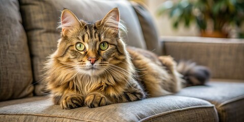 Wall Mural - A pesky housecat lounges on the couch, its adorable face and fluffy fur belying its potential to scratch, claw, and wreak havoc on its surroundings.