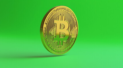 3D render of a Bitcoin coin on a vibrant green background, symbolizing a bullish market with upward trends