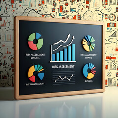 Poster - 3d flat icon as blackboard with risk assessment and charts concept as a blackboard filled with risk 