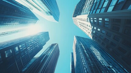 Poster - Panoramic view of a bustling financial district with towering skyscrapers representing a prosperous business hub with ample space in the sky for text overlay or additional content