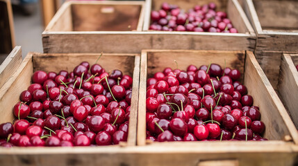 Poster - Freshly picked cherries overflowing in wooden crates at farmers market