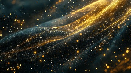 Sticker -    gold dust flying through the air on a deep blue background with tiny white dots scattered throughout the picture