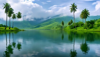 Wall Mural - The tranquil lakes and green hills, surrounded by tall palm trees, surrounded by clouds and mist, present a secluded natural landscape.