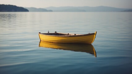 A solitary yellow rowboat floats on a calm blue sea under a bright sky.