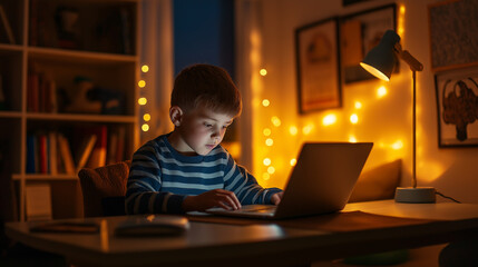 Poster - Young boy concentrating on laptop at desk in cozy room