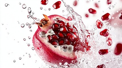 Wall Mural - Pomegranate juice bursts onto a white background, scattering juicy seeds as it splashes. ID_f8af0f42-1579-4348-a142-209b8d64a611