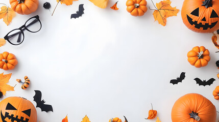 Halloween background. Bats, glasses and pumpkins on white background. Copy space