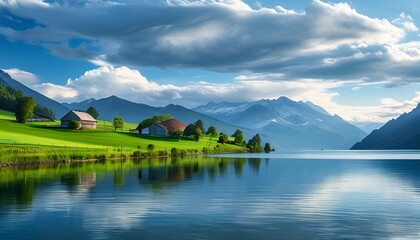 Wall Mural - Beautiful views of tranquil lakes and mountains, farmhouses dot the lake, and clouds add mystery to the sky.