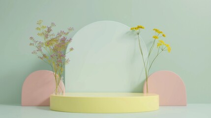 Poster - A beautifully arranged podium showcases a harmonious blend of geometric forms and soft floral accents, creating an inviting atmosphere filled with calm pastel colors