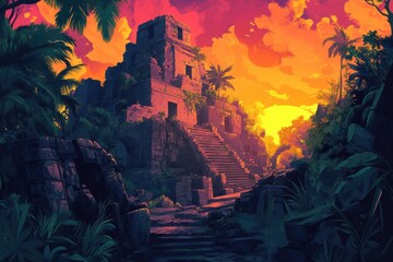 Ancient Stone Structure in Lush Jungle with Setting Sun