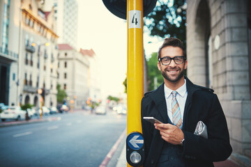 Aufkleber - Businessman, phone and lawyer portrait in city for communication, commute and networking. Male person, professional and advocate to schedule agenda for case planning, outdoor and travel in town