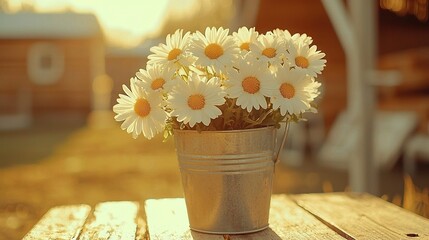 Poster -   A group of daisies in a container resting on a wood table against a rustic barn backdrop