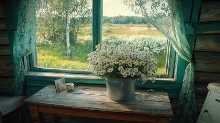 Wall Mural -   A daisy-filled container perched atop wood, near a window to the field outside