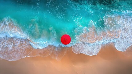 Wall Mural -   A red frisbee rests atop a sandy beach adjacent to a wave breaking onto the vast ocean