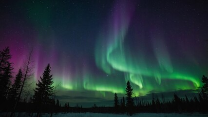 Wall Mural - Abstract portrayal of a northern lights display, with vibrant green and purple streaks across a star-filled night sky.