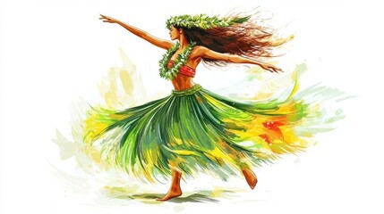 A Hawaiian hula dancer, traditional costume, handdrawn style, flowing movements, isolated on white background