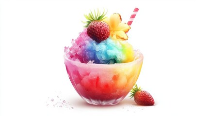 A Hawaiian shave ice, tropical dessert, cartoon style, bright and colorful, isolated on white background