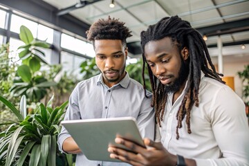 Focused Colleagues Collaborating on a Tablet. Two young, diverse professionals with dreadlocks are engrossed in work, reviewing information on a tablet in a modern office setting. 