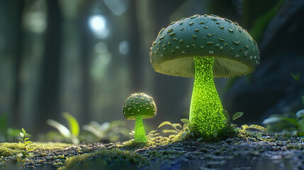 Wall Mural -   A pair of vibrant green mushrooms resting atop an abundant forest carpeted with verdant grass