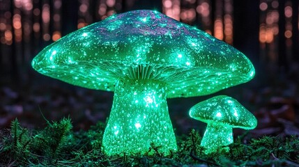 Wall Mural -   Two luminous mushrooms in a woodland surrounded by trees, emitting a soft green glow