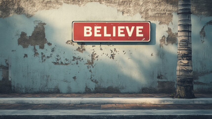 Word believe texted on street wall concept background