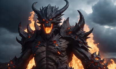 A demonic figure stands engulfed in flames against a stormy sky