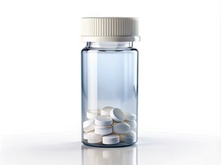 Wall Mural - A single, clear glass prescription pill bottle with a white cap and labelstands upright on a clean, white background, highlighting its simplicity and clarity.