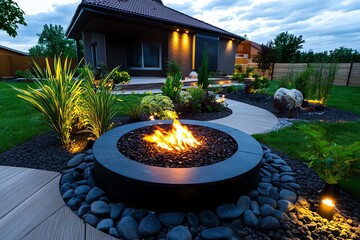 Poster - 183. A garden designed for evening enjoyment, with solar-powered lights, a fire pit, and plants that release fragrance in the evening