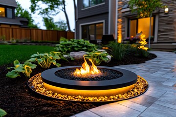 Poster - A garden designed for evening enjoyment, with solar-powered lights, a fire pit, and plants that release fragrance in the evening